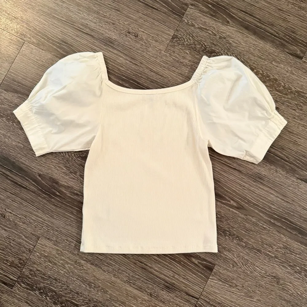 J. Crew Vintage rib top with cotton poplin puff sleeves